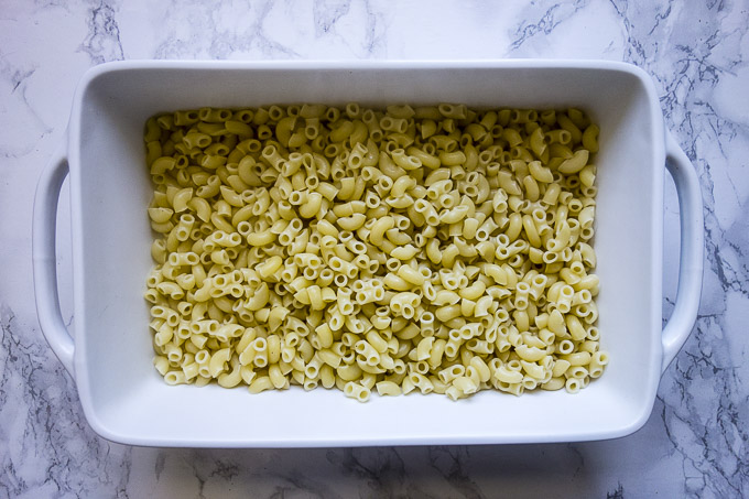 cooked macaroni in a baking dish