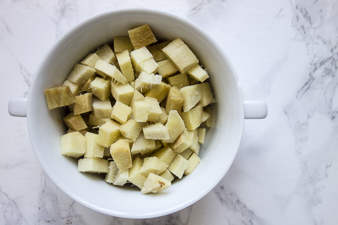 raw ginger cubes in a bowl