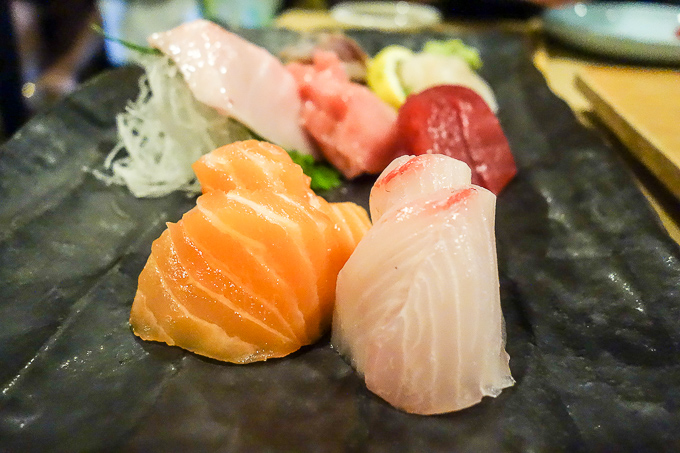 best sushi in san diego, plate of salmon belly, hamachi belly and o toro