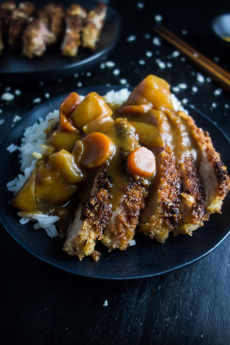 Easy Chicken Katsu Curry Don, fried chicken cutlets with japanese curry sauce, potatoes, carrots and white rice