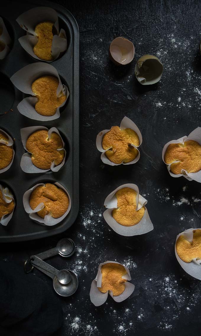 vietnamese sponge cakes in muffin tin with parchment paper