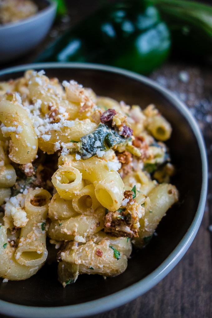 close up of creamy pasta in a bowl with vegetables