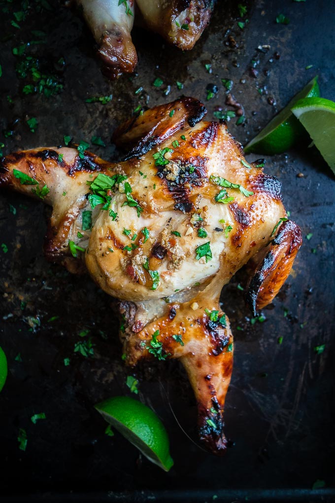 spatchcocked cornish game hens covered in sauce and cilantro with lime