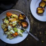 grilled peach tortellini salad with grilled peaches on side