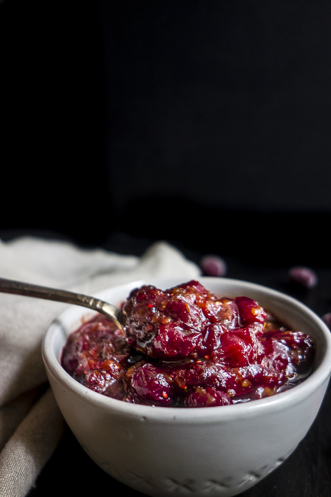 spoonful of cranberry chutney in a bowl