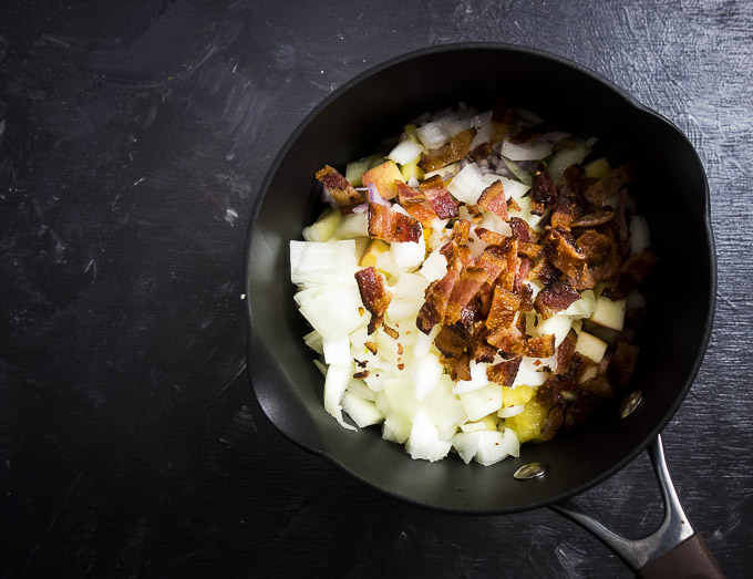 ingredients for apple bacon chutney in a saucepan