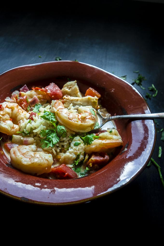brazilian shrimp stew in a bowl with a spoon