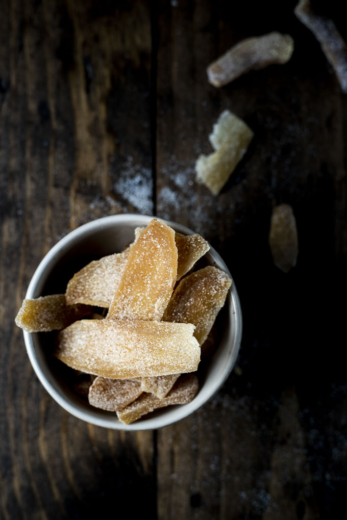 candied ginger pieces in a bowl