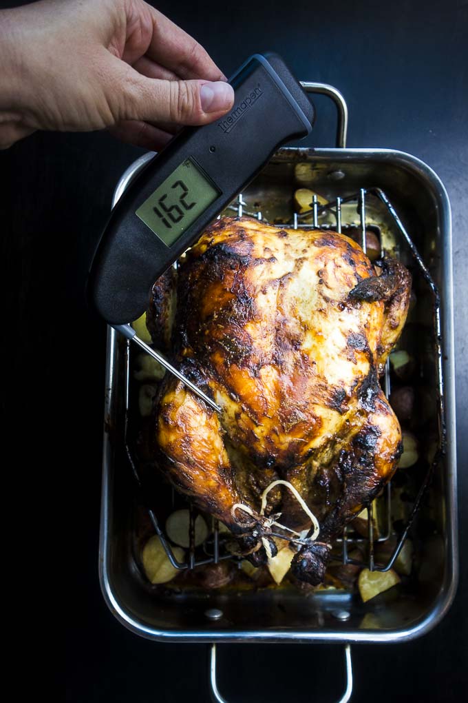 thermapen being used to test temperature on a spiced roasted chicken