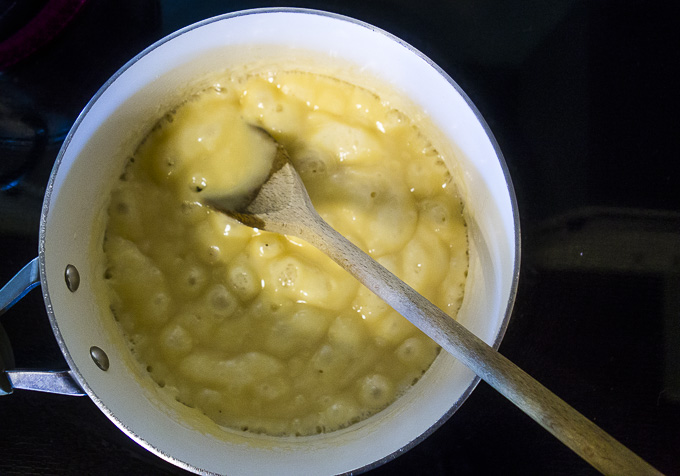 bubbling ingredinets in saucepan for buttercrunch