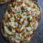 blue cheese, apple and caramelized onion flatbread pizza recipe with bacon