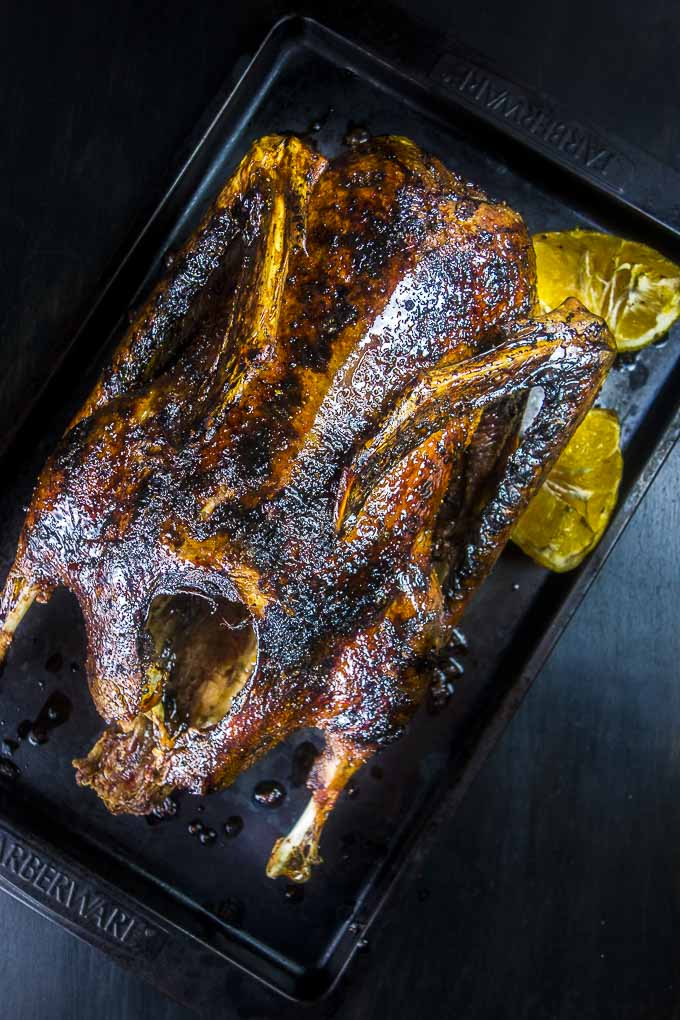 roasted goose recipe-goose on a pan stuffed with oranges