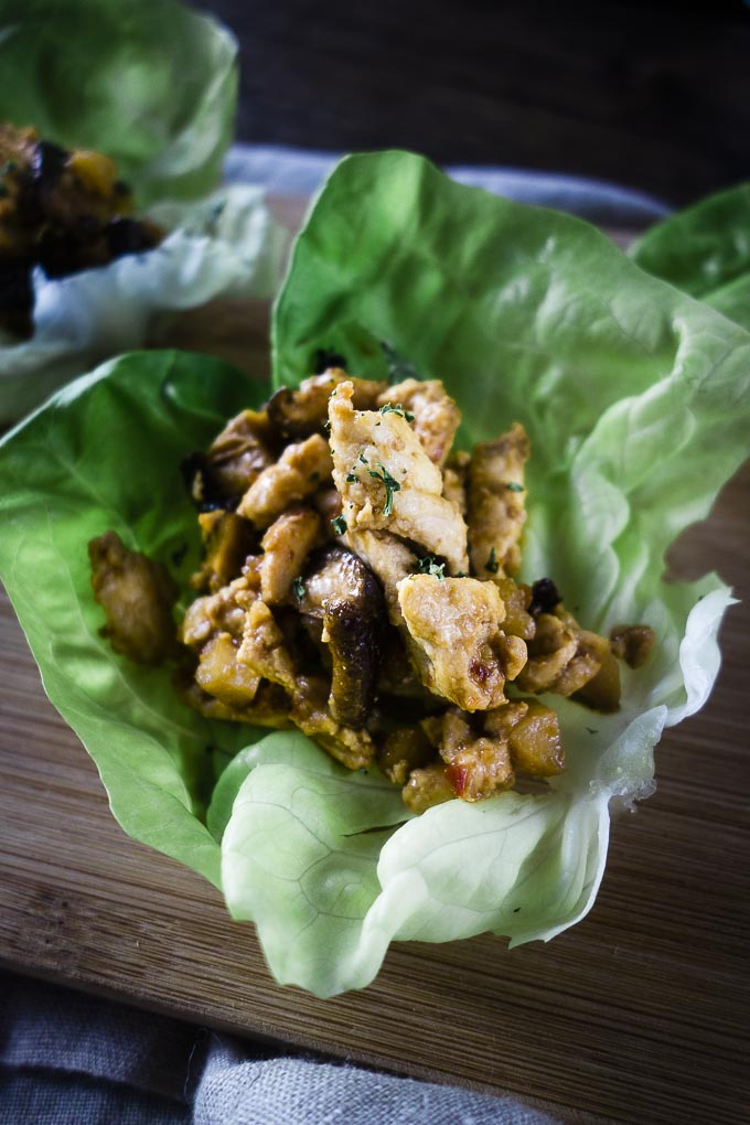 close up of ground chicken and mushrooms on lettuce