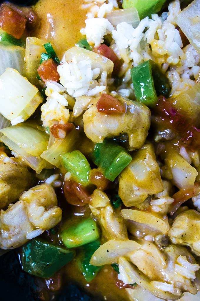 chicken, vegetables and rice in a sauce - close up photo