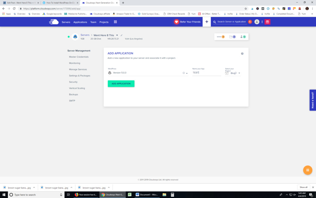 screenshot of setting blog up with cloudways