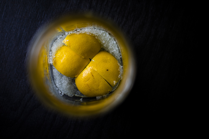 salt and lemons in a jar - top down view