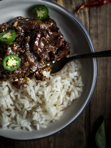 top down photograph of a bowl of beef rendang and rice
