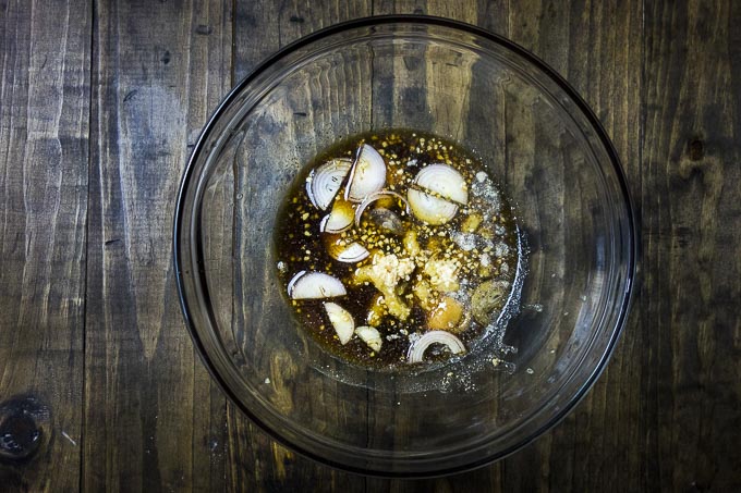 garlic and sauce in a glass bowl for marinade