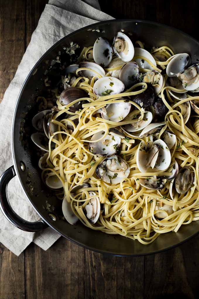 linguine and clams in a saute pan