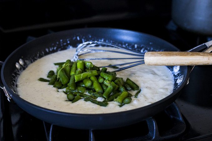 asparagus with bechamel sauce in a skillet