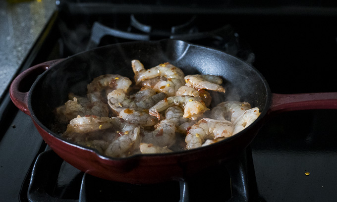 shrimp in a cast iron skillet