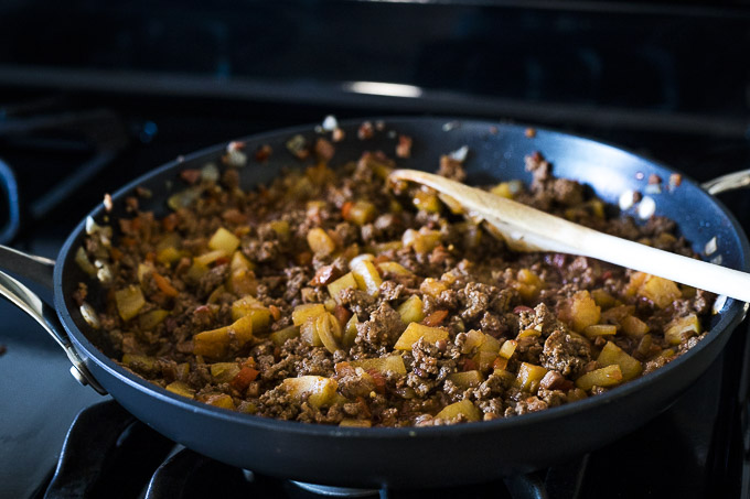 ground beef mixture in a skillet