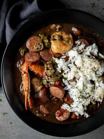 seafood gumbo with rice in a bowl