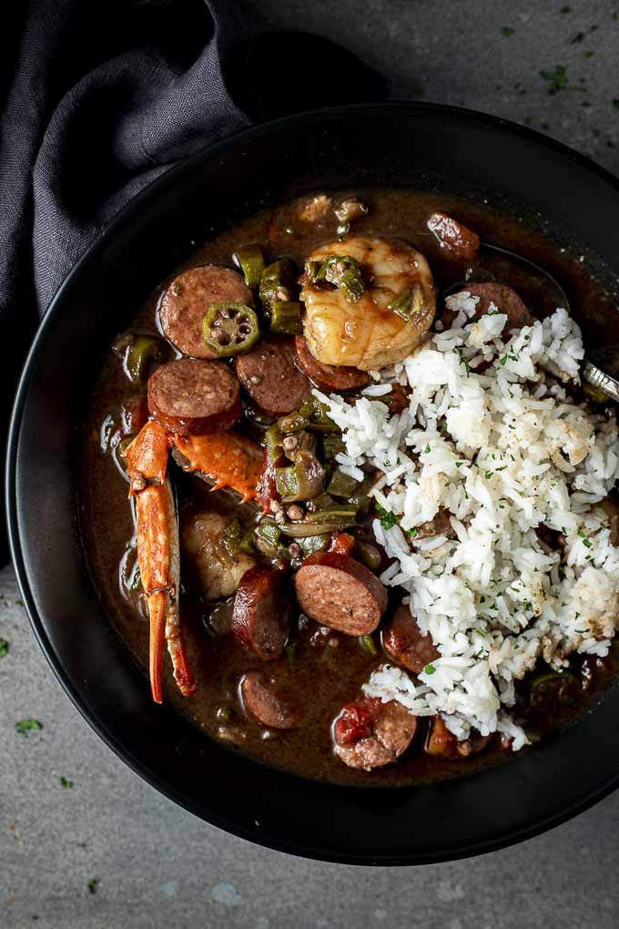 seafood gumbo with rice in a bowl