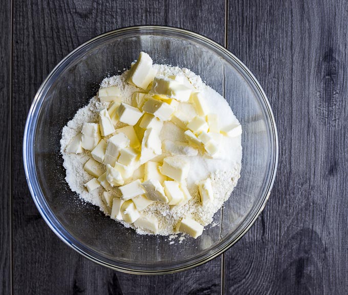 chunks of butter and flour in a bowl