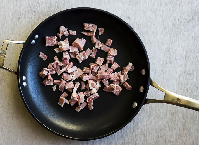 ham pieces in a skillet
