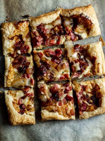 ham and cheese tart cut in squares