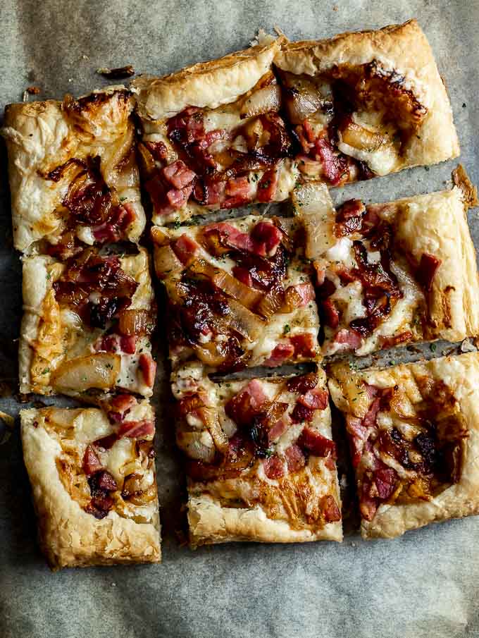 ham and cheese tart cut in squares
