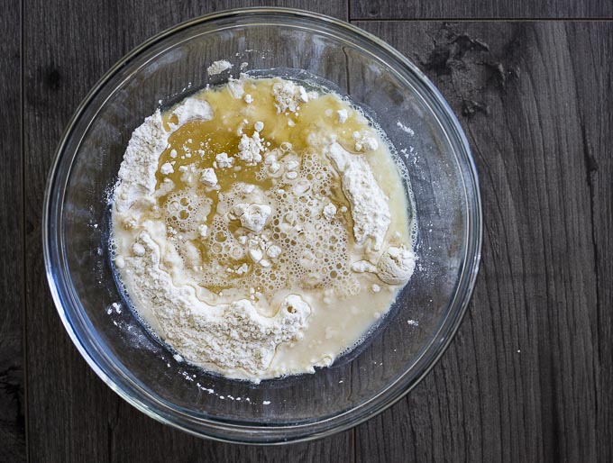 liquid and flour in a bowl