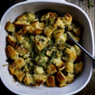 bread stuffing baked in a baking dish