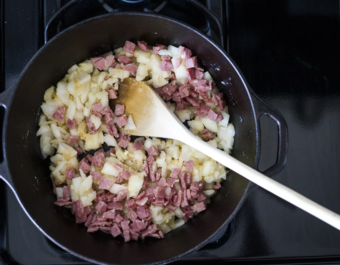 ham and onions in a dutch oven