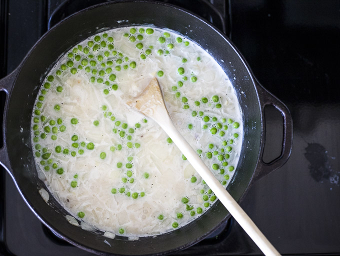 cream soup with peas in a dutch oven