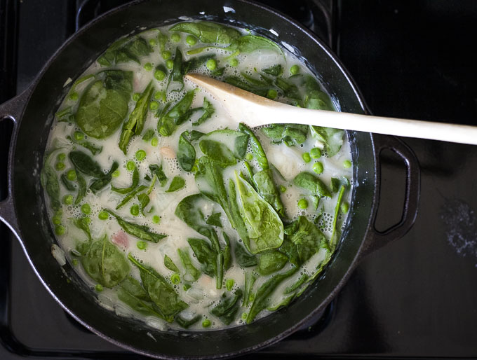 spinach mixed into cream soup