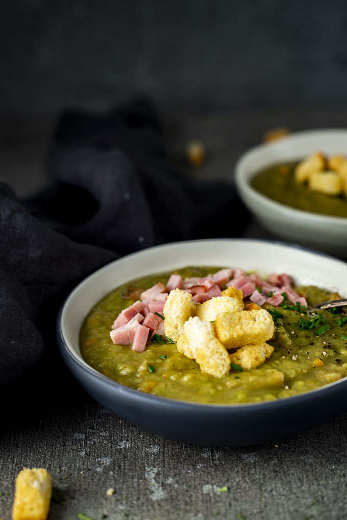 split pea soup garnished with croutons