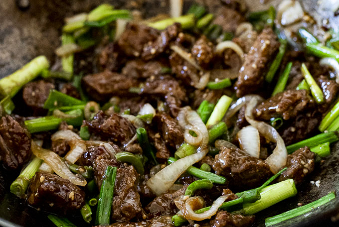 beef covered in sauce with green onions