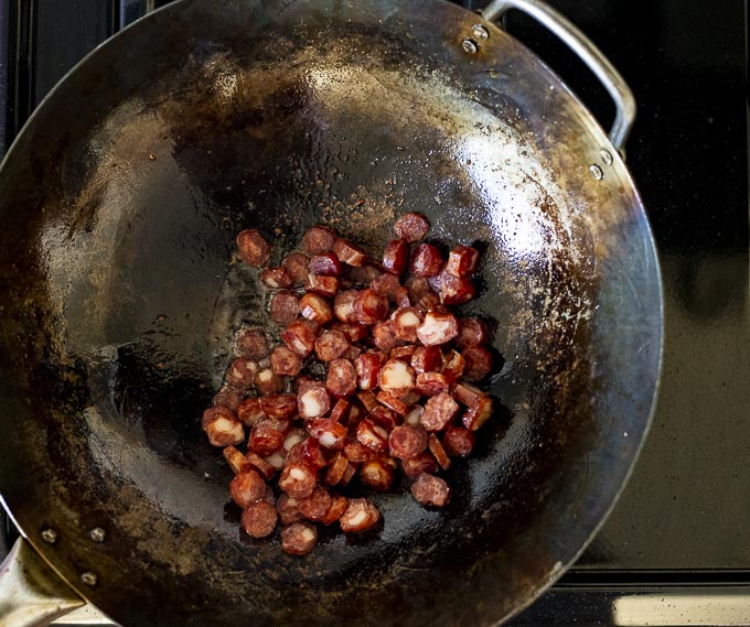 chinese sausage in a wok