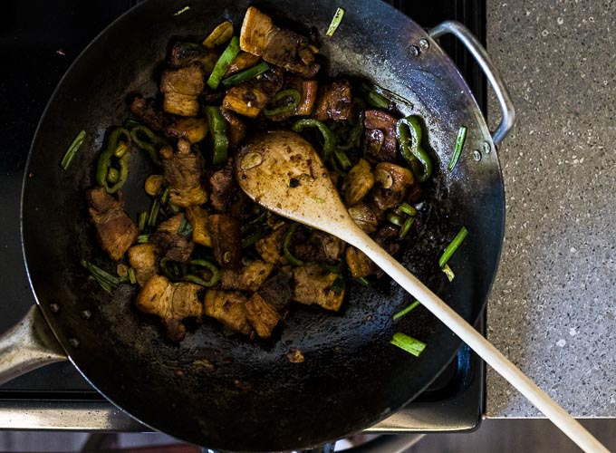 meat and vegetables in a wok