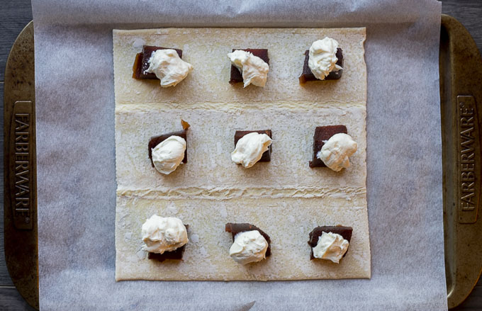 pieces of guava and cream cheese on puff pastry sheet