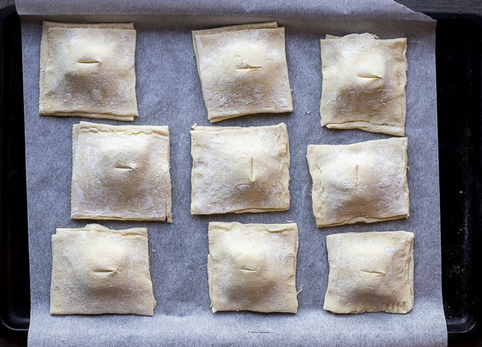 filled puff pastry cut into 9 squares