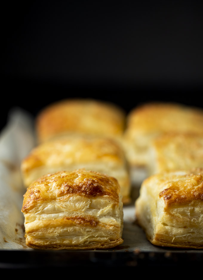 side view of guava pastry on a baking sheet