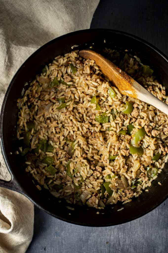 cooked dirty rice in a pot