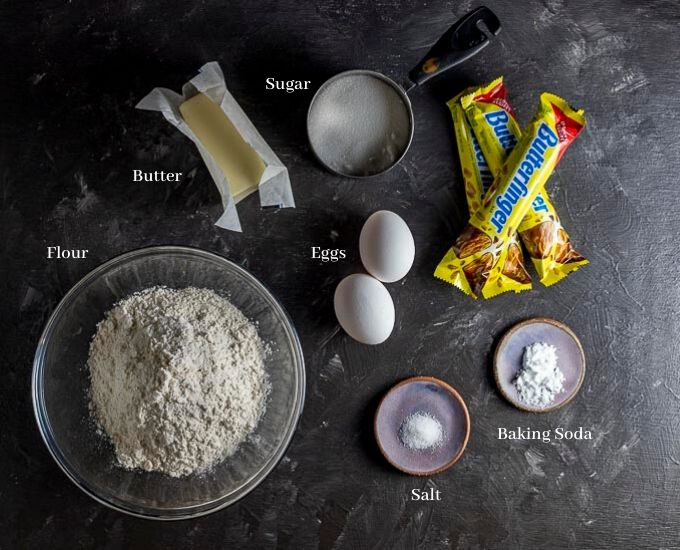 ingredients for butterfinger cookies on a board