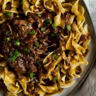 braised beef over egg noodles with green onions