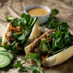 2 meatball sandwiches with herbs and vegetables on a baguette