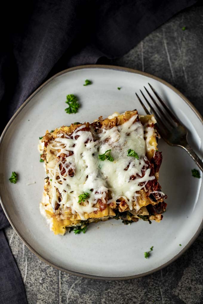 piece of lasagna on a plate with cheese on top