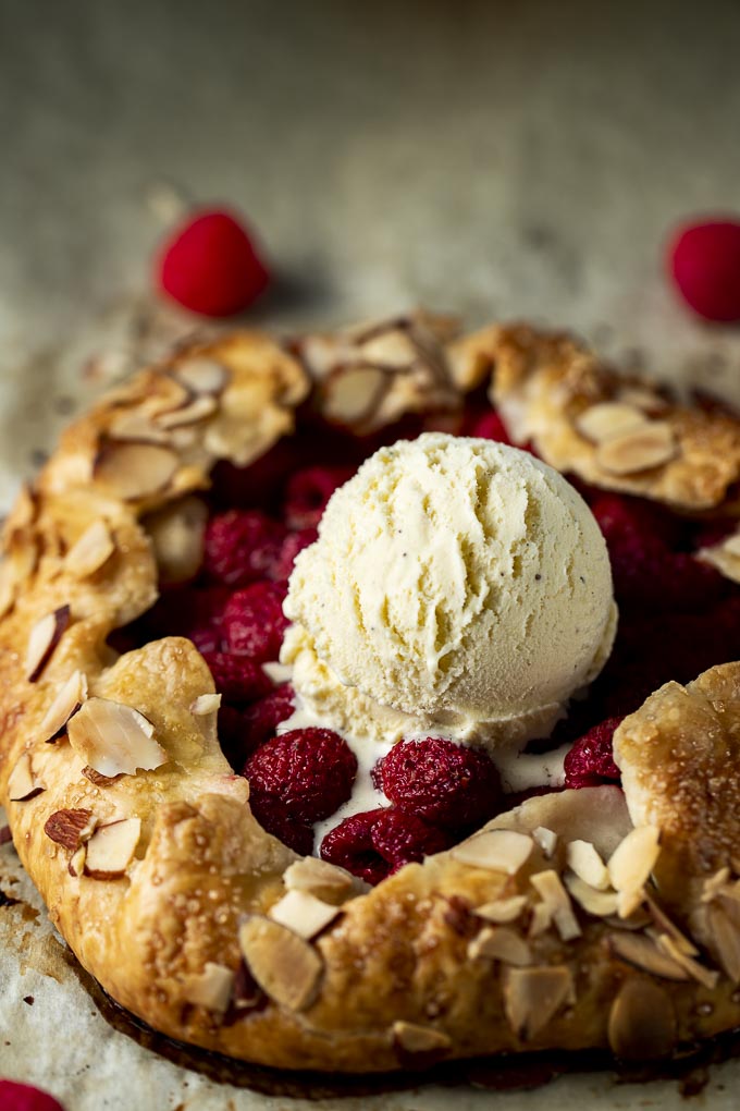 raspberry galette topped with ice cream
